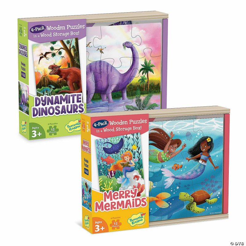 Hands-On Puzzles | Dynamite Dinosaurs & Merry Mermaids Wooden Puzzles Set Of 2 Brain Teasers & Puzzles Hands-On Puzzles