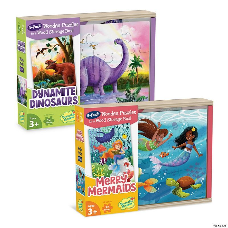 Hands-On Puzzles | Dynamite Dinosaurs & Merry Mermaids Wooden Puzzles Set Of 2 Brain Teasers & Puzzles Hands-On Puzzles